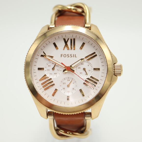 Fossil Cecile Womens Gold Tone Calendar 40mm Watch Brown Leather w New Battery - Picture 5 of 14